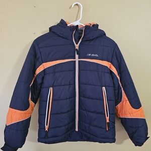 F.O.G. by London Fog Boys Hooded Puffer Jacket Navy OKids Navy and Orange Jacket